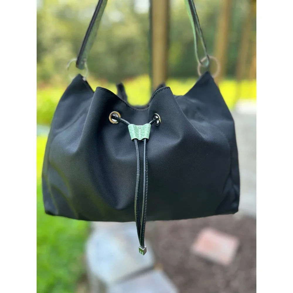Kate Spade Drawstring Shoulder or Tote Bag Black Green Trim Nylon Like New!